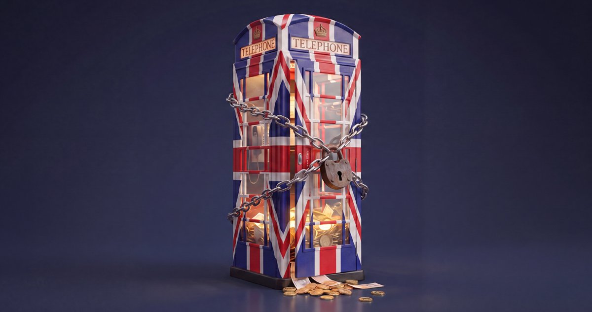 an image of a phone box painted in union jack colours, all chained up and padlocked 