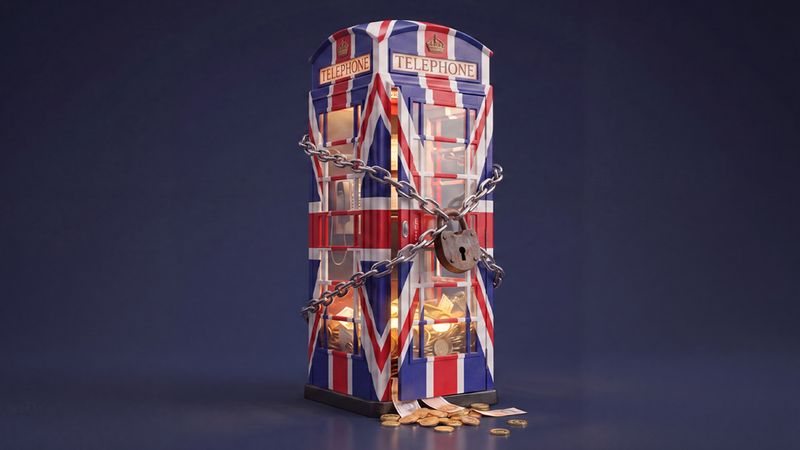 an image of a phone box painted in union jack colours, all chained up and padlocked