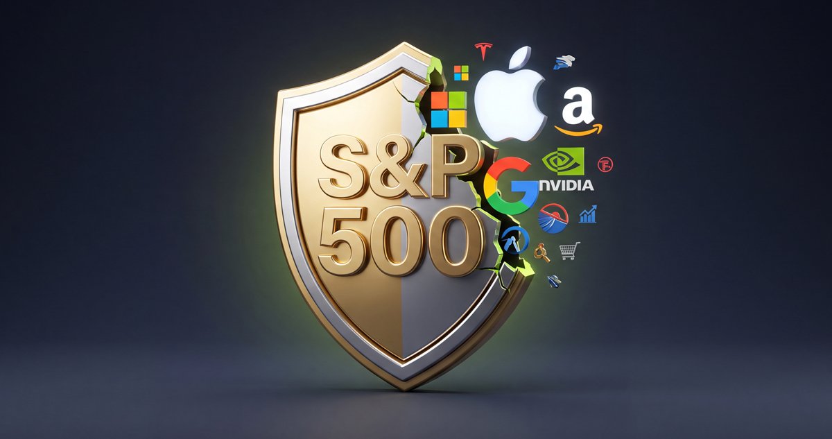 an image if a golden shield with S&P 500 on it and famous brand logos breaking out of it