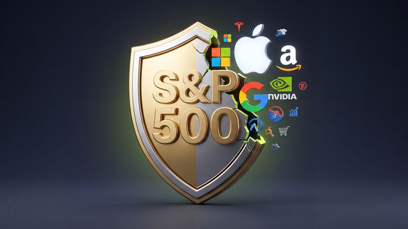 an image if a golden shield with S&P 500 on it and famous brand logos breaking out of it