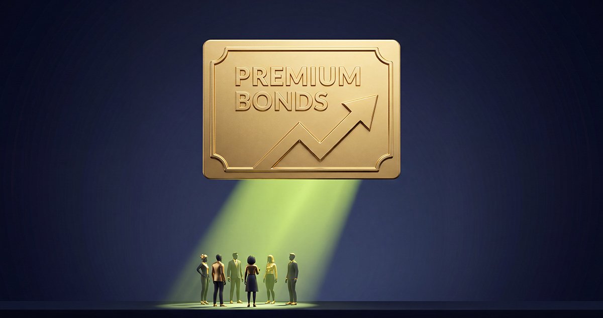 an image of a golden premium bond graphic hovering above people and shining light down on them