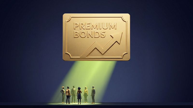 an image of a golden premium bond graphic hovering above people and shining light down on them